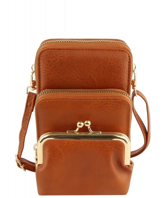 Fashion Kiss Lock Crossbody Bag Cell Phone Purse LMS207 BROWN